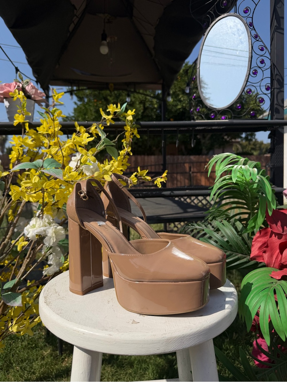 Othr Patent Platform Block Heel Pumps in Nude Brown